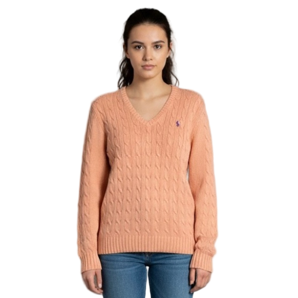 Ralph Lauren Cableknit Pullover V-Neck Sweater in Orange - Medium